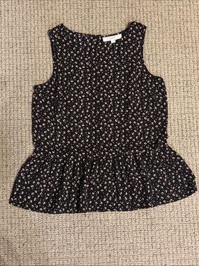 Floral Peplum Sleeveless Top - Black with Pink Flowers